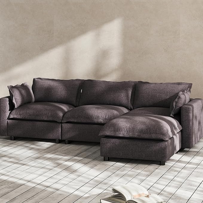Modern Couch Modular Sectional Sofa 97 L-Shape Cloud Couch with Ottoman for Living Room Bedroom Reading Study Waitting Room Linen Fabric-Charcoal Dark Grey