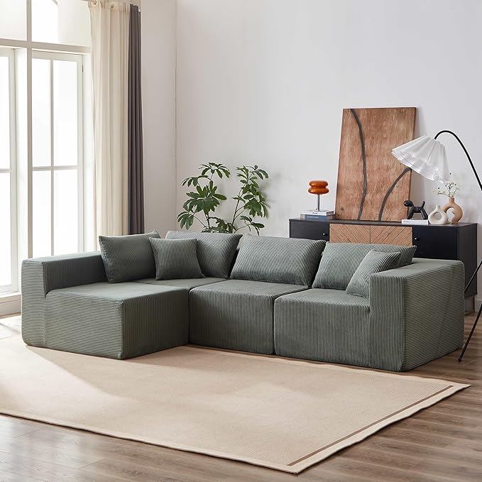 104 Viral Modular Boneless Cloud Couch Deep Seat Memory Foam Compressed Sectional Sofa with ChaiseL-Shaped Corduroy Couch for Living RoomNo Assembly RequiredGreen