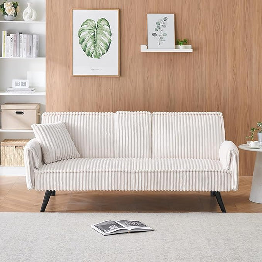 72'' Fabric Loveseat Sofa Comfy Corduroy Couch with 2 Embedded Teacup Holders 2 Seater Sofa with Adjustable Backrest Modern Small Convertible Futon Sofa Bed for Living Room Apartment (White)
