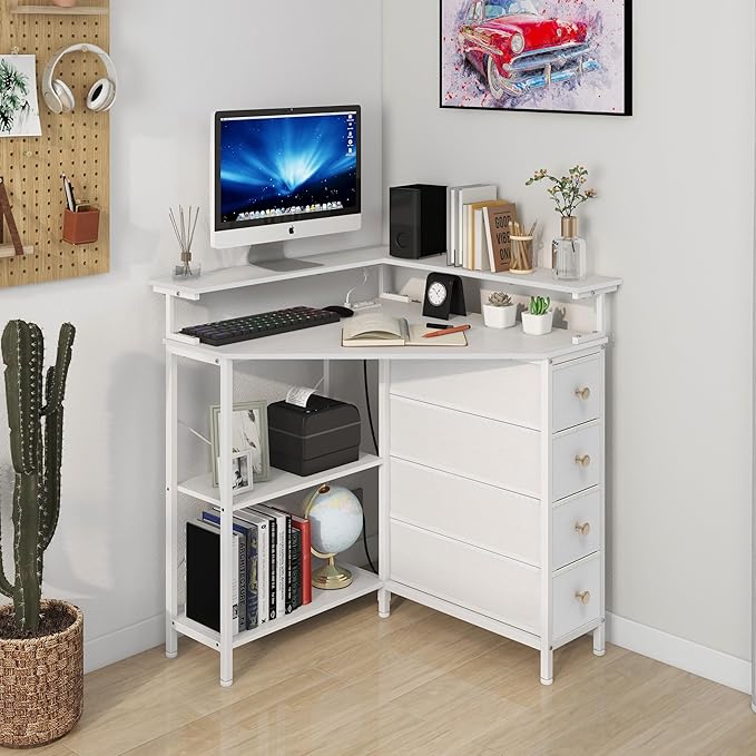 Corner Desk with Drawers Shelves for Small Space 90 Degrees Triangle Computer Desk with Power OutletsGaming Desk with LED Lights Monitor Stand for Home Office Workstation Writing Table (White)