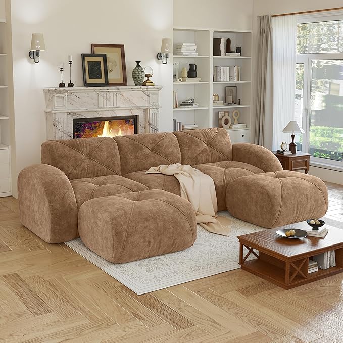 110 Sectional Modular Cloud Couch Boneless Couches with Deep Seat Convertible 3-Seater Sofa Set with 2 Ottomans for Living Room Bedroom Office Camel