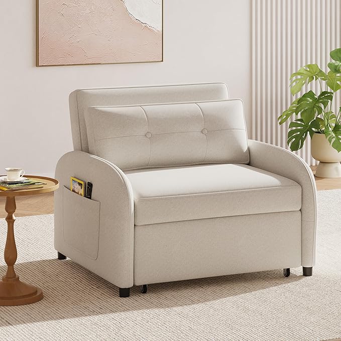 Merax 3-in-1 Convertible Sleeper Sofa Bed Loveseat to Bed with Pullout Design Soft Cotton Linen Fabric Includes Pillow &amp Side Pockets for Small Spaces Apartment Living Room Beige