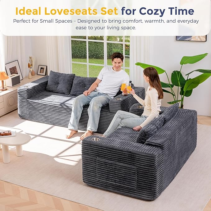 MAXYOYO Boneless Couch and Loveseat Sets for Small Spaces Mini Love Seat Floor Couch with Cup Holders and Pillows Upholstered Cloud Couch for Bedroom Apartment No Assembly Required