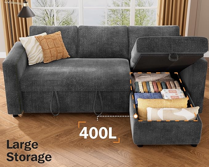Vipbear 82 Sectional Sleeper Sofa with Pull Out Bed L Shaped Couch Sleeper Sofa Bed Pull Out Couch with Reclining Backrest Reversible Storage Chaise USB Ports Tool-Free Assembly Chenille Grey