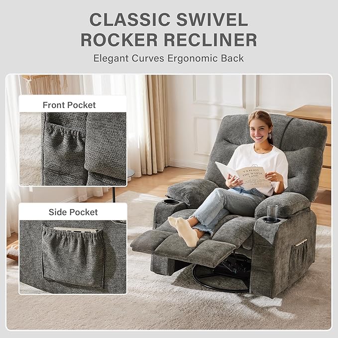 Manual 360°Swivel Rocker Recliner Chair Set of 2Single Recliner Seat with Cup HoldersRecliner Chairs for Adults Upholstered Fabric Lazy Boy Recliner for BedroomLiving RoomGrey