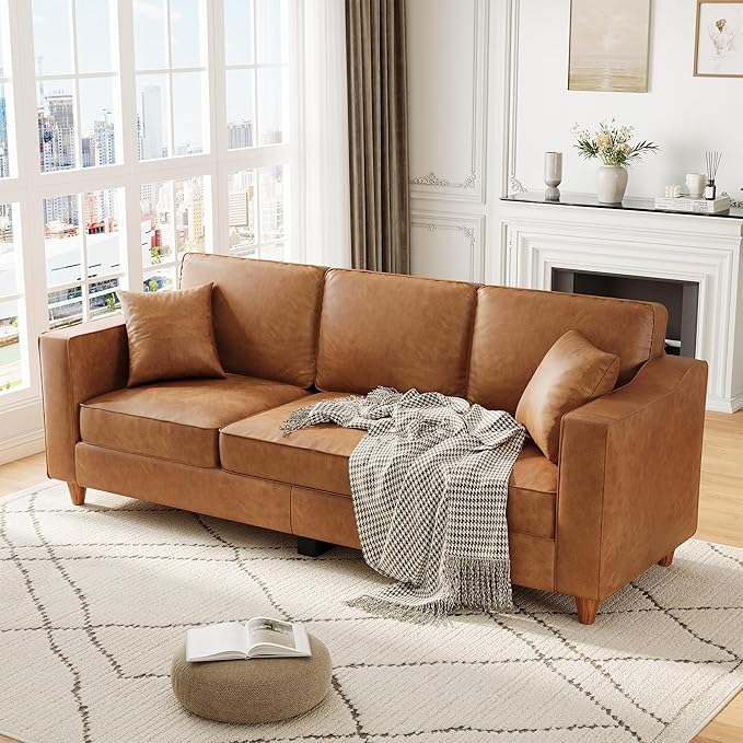 Garvee 85 Inches 3-Seater Sofa Couch with 2 Throw Pillows Faux Leather Couch with Wide Armrests Wood Legs Deep Seats Back Cushion Sturdy Support Feet Sofa Couches for Living Room Office Brown
