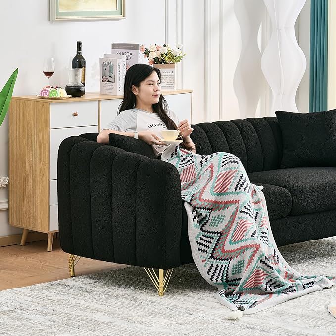 Black Cloud Couch for Living Room 63.5 Modern Comfy Overstuffed Deep Seat Tufted Sofa with Gold Legs &amp Pillows Plush Teddy Boucle Upholstered Curved Loveseat Settee with Round Arm (Black 2 Sea