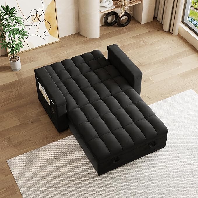 Dreamzie 65'' Wide 3 in 1 Convertible Sleeper Sofa Bed Pull Out Couch for Living Room with Hidden Laptop Desk Loveseat Sleeper with Side Pocket | Adjustable Backrest | USB Port (Fabric Black)