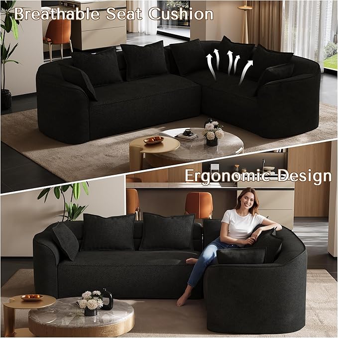 OUYESSIR 111 Oversized Sectional Sofa for Living Room Modern Luxury Chenille 4-Seater Couch Extra Deep Seat L-Shape Curved Cloud Couch with 7 Throw Pillows Black