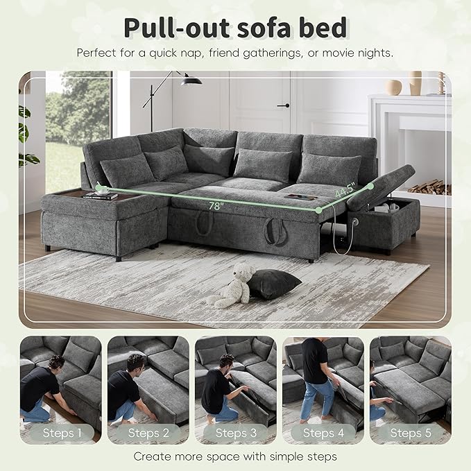 Modular Sectional Sleeper Sofa Bed 107'' Pull Out Bed Sectional Sofa with Free Movement Storage Ottoman L-Shape with Wide Seats Oversized Chenille Sofa for Living Room (Grey/512)