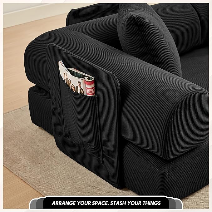 L Shaped Convertible Modular Sofa Bed with Cylindrical Pillow &amp Reversible Chaise Corduroy Folding Floor Sofa Couch Bed with Fixed-Shape Frame &amp Storage Pocket for Living Room Black