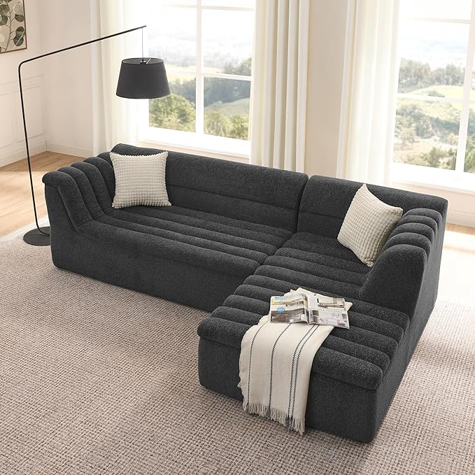 KEIKI 106 L-Shaped Chenille Modular Sectional Sofa with Chaise &amp Wave-Shaped Armrest Upholstered Boneless 3-Seater Couch with Memory Foam Cushion No Assembly Required for Living Room Black