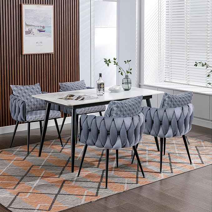 Generic Grey Modern Velvet Dining Chairs Set of 2 Hand Weaving Accent Chairs Living Room Chairs Upholstered Side Chair with Black Metal Legs for Dining Room Kitchen Vanity Living Room