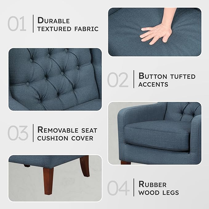 Lexicon Living Room Accent Chair Button Tufted Wingback Track Arm Reversible Seat Cushion Solid Wood Legs Textured Fabric Comfy Armchair for Bedroom/Office Easy Assembly Blue