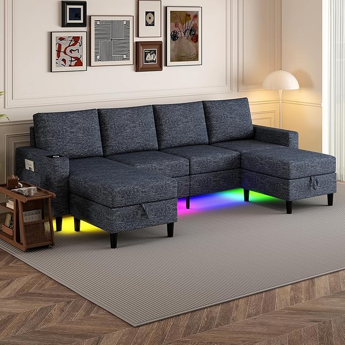 Sectional Couches for Living Room 4 Seat Sectional Sofa with Smart Module-Wireless Charging/USB/Type-C/RGB Light U Shaped Couch with Reversible Chaise Lounge/Storage Ottoman (Blue)