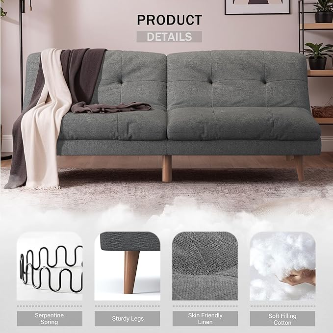 Flamaker Convertible Futon Sofa Bed Futon Couch with Adjustable Back Upholstered Sleeper Sofa Bed for Living Room Furniture (FabricGrey)