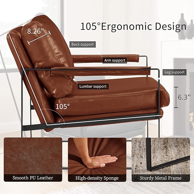 Art Leon Chairs for Bedrooms Set of 2 Mid Century Modern Chair Faux Leather Accent Chair for Living Room Chair Lounge Chair with Black Metal Legs Red Brown