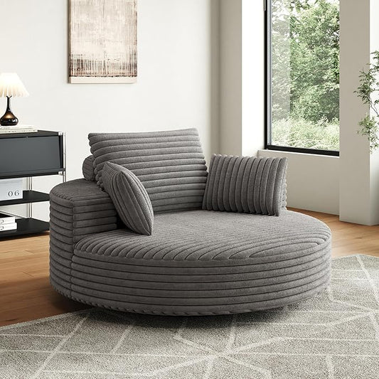 KEIKI 55 Oversized 360 Degree Swivel Chair Large Barrel Chairs Upholstered Round Swivel Chair Corduroy Single Sofa Armchair Sleeper Chair for Living Room Lounge Gray