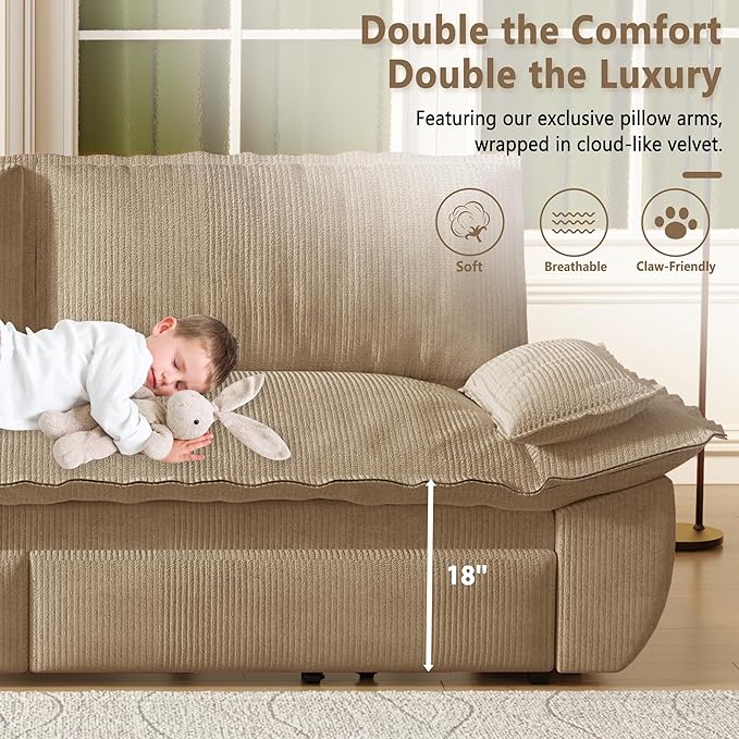 73.2 Futon Sofa Bed Queen Size Pull Out Bed 3-in-1 Convertible Sleeper Sofa with Cushion Armrest Modern Corduroy Futon Couch for Living Room Small Space Apartment Bedroom Camel
