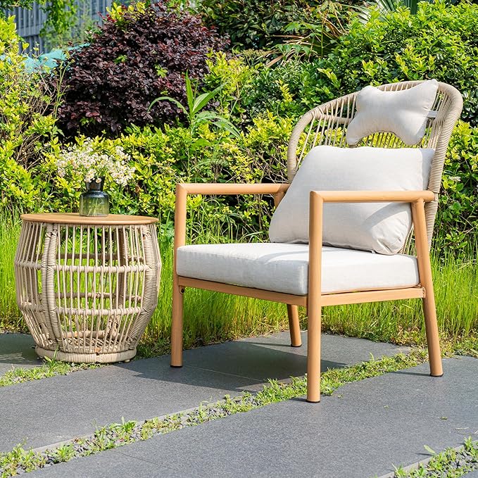 Modern Living Room Chairs Accent Chairs Set of 2 with Coffee Table Comfy Arm Chair with Cushions Rattan Reading Lounge Chair with Metal Frame Armchair for Bedrooom/Indoor/Outdoor Beige