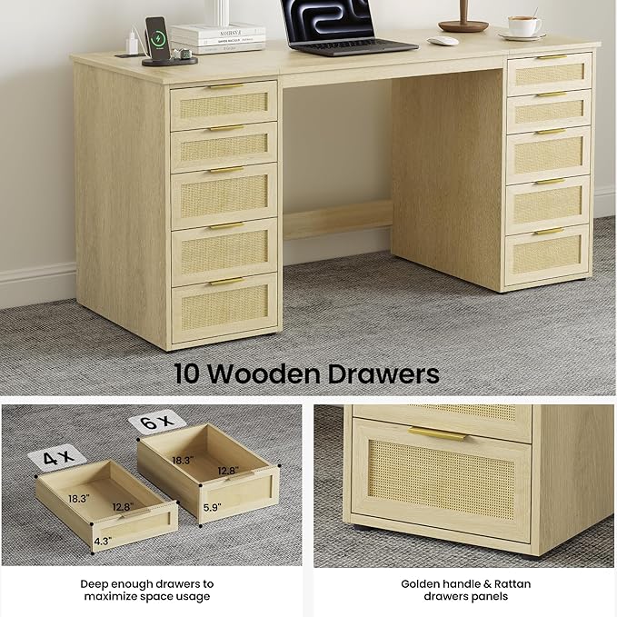 WOPITUES 60 Boho Home Office Desk with 10 Wooden Drawers Rattan Computer Writing Desk with Power Outlets Large Executive Desk with Storage Cabinet for Work Study Writing Craft Natural Brown