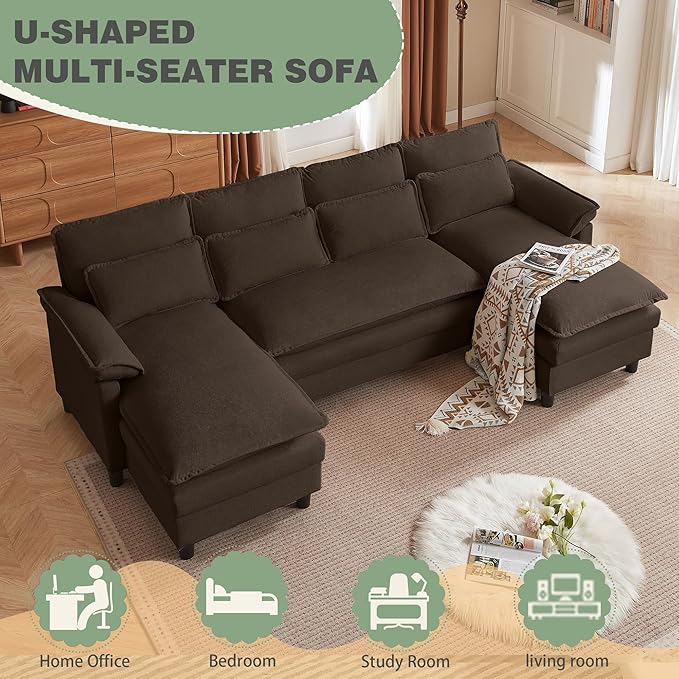 105 Convertible Sectional Sofa U Shaped Comfy Cloud Couch with Double Chaise and Padded Armrests Modern Upholstered 4 Seater Sofa for Living Room Apartment Office Coffee