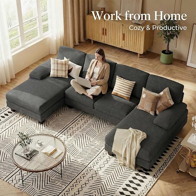 Homall Modular Sectional U Shaped Sofa Couches for Living Room Comfy Corduroy 4 Seat Sofa Set with Removable Pillows Lounge Chaise Upholstered Couch for Apartment (Corduroy Dark Grey)