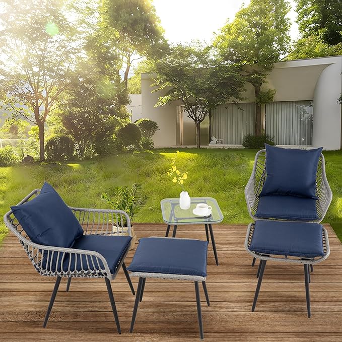 5 Piece Patio Furniture Set Outdoor Wicker Small Conversation Bistro Set All-Weather PE Rattan Chairs with Ottoman &amp Coffee Table Ideal for Balcony Porch Deck Yard Poolside (Grey/Blue)