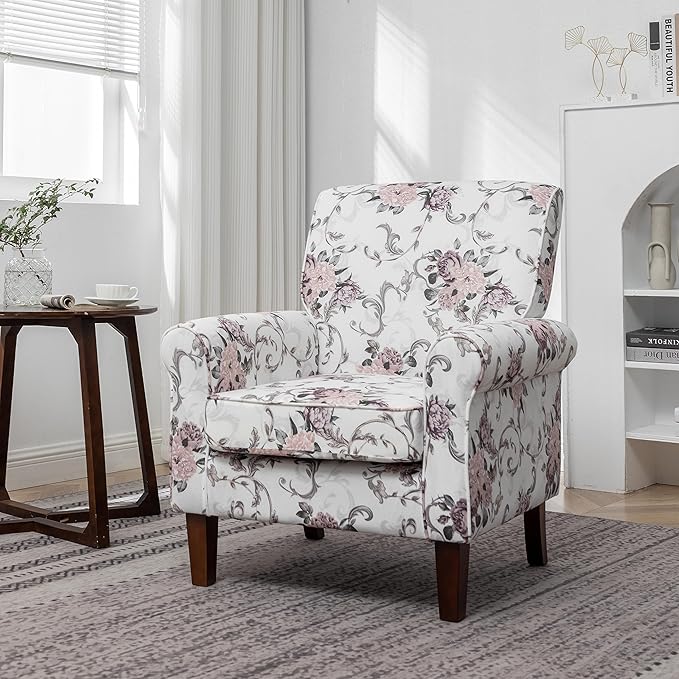 Classic Accent Armchair with Birch Wood Frame and Comfortable Rolled Armrests Arm Chairs for Living Room Bedroom and Office Decor 03 Printed Fabric