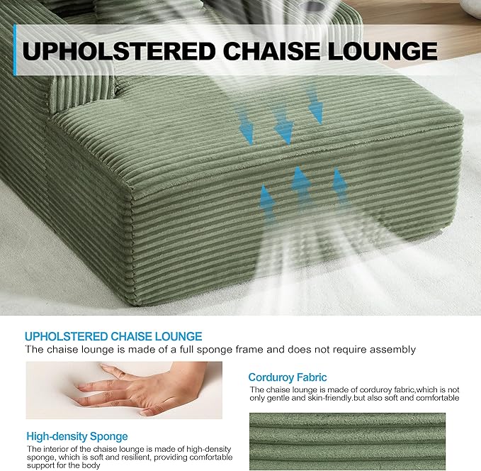 Boneless CouchComfy Fluffy Sofa BedUpholstered Sleeper Sofa Couch with Throw Pillows and ArmrestsCorduroy Plush Cloud Couches with Cup Holder Green