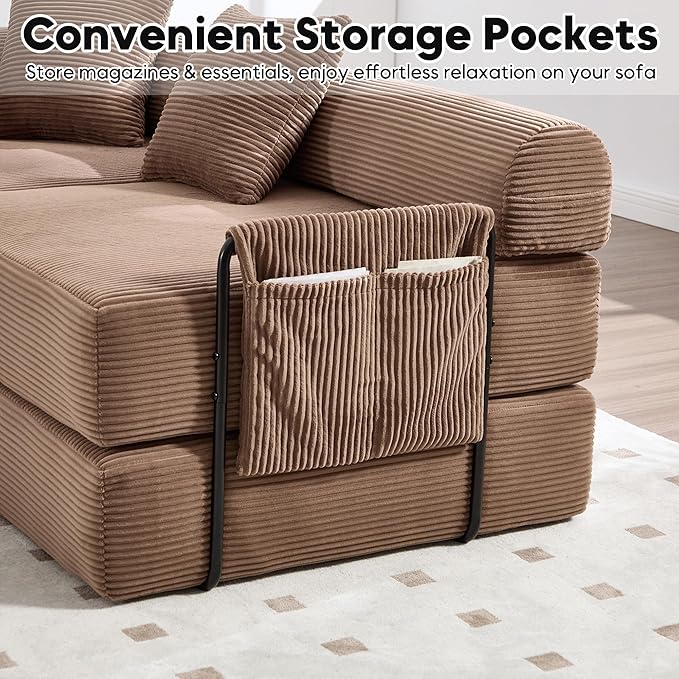 106.3 Oversized L Shaped Convertible Sleeper Sofa Bed Corduroy Modular Folding Sectional Sofa with Cylindrical Pillow &amp Storage Bags Modern Floor Mattress Couch for Living Room Brown