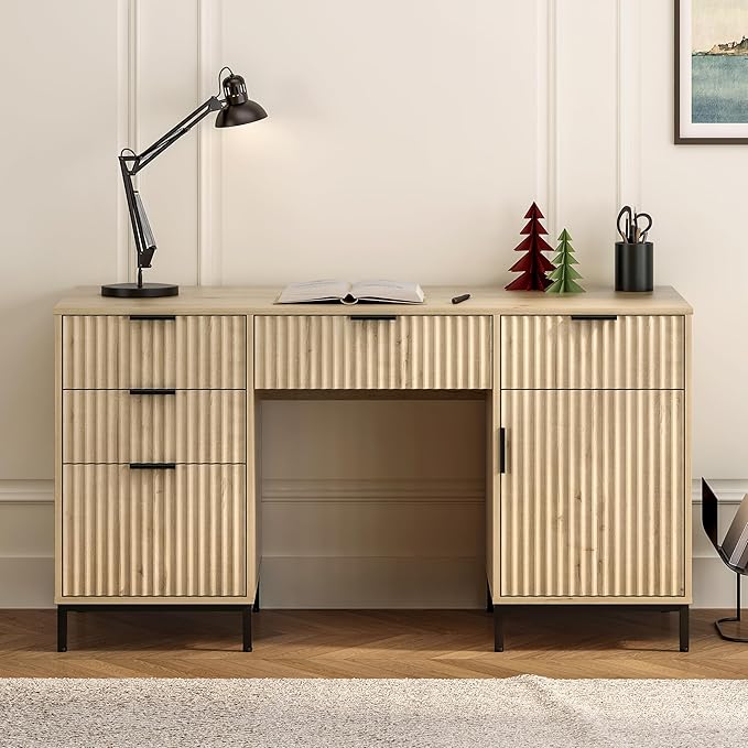 55 Fluted Executive Desk Modern Home Office Desk with Charging Station Keyboard Tray File Drawer Storage Cabinet for Work Study Writing Desk Light Oak