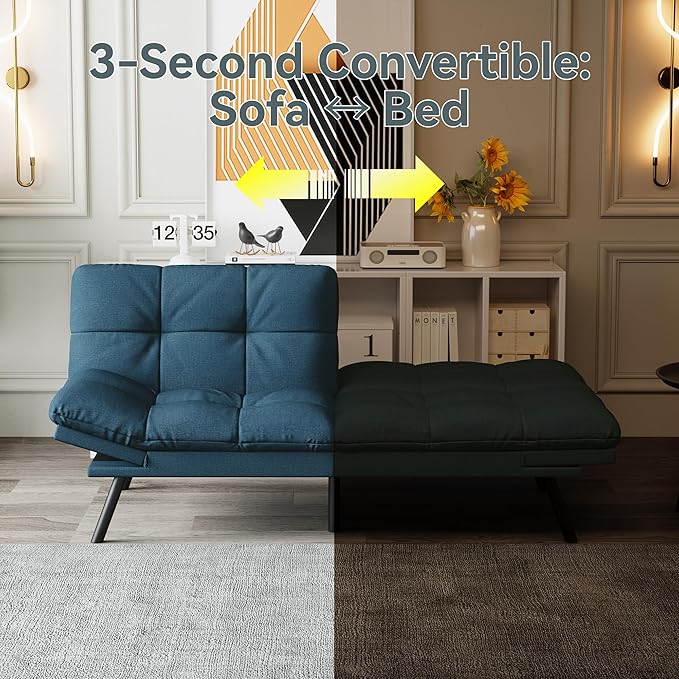 Futon Sofa Bed Convertible Couch Blue Linen Sofa Bed with Memory Foam Adjustable Backrest &amp Armrests Multifunctional Small Loveseat Sleeper Sofa for Living Room Apartment Office