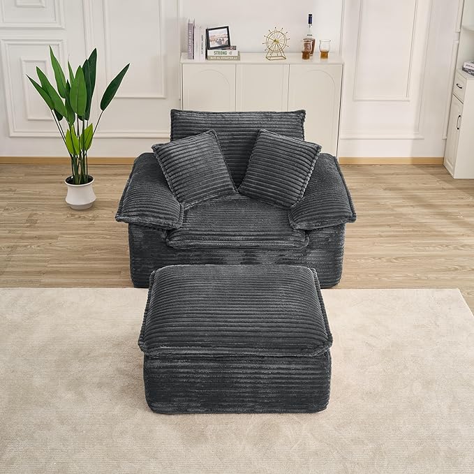 Oversized Armchair with Ottoman Corduroy Reading Chair for Bedroom &amp Living Room Modern Floor Sofa Chair Comfy Lazy Lounge Chair No Assembly Required Grey