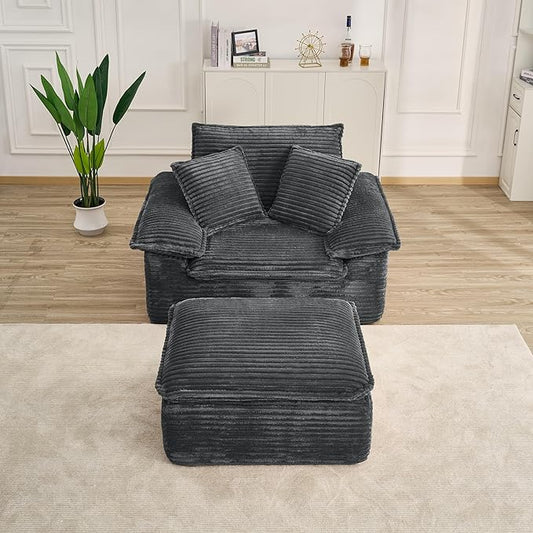 Oversized Armchair with Ottoman Corduroy Reading Chair for Bedroom &amp Living Room Modern Floor Sofa Chair Comfy Lazy Lounge Chair No Assembly Required Grey