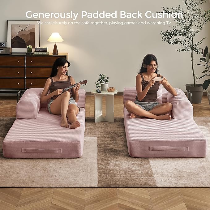 79 Floor Sofa Bed Convertible 5-in-1 Sleeper Sofa with Non-Slip Base Corduroy Couch Expandable Design No Tools Needed for Home Guest Room (Pink)