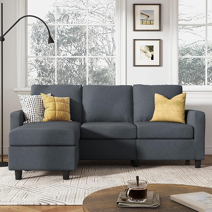 L Shaped CouchReversible Sofa with Linen FabricConvertible Sectional Sofa for Small Space Dark Grey