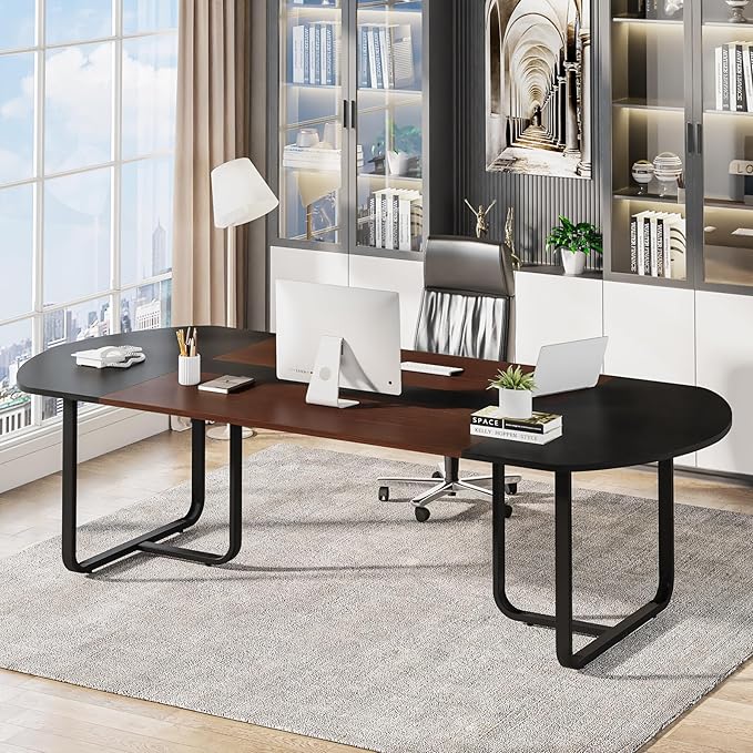 Tribesigns 70.86'' Modern Oval Executive Computer Desk with Two-Tone Finish Splicing Board Large Double Desk for Workstation Curved Home Office Desks for 2 Person (Walnut+Black)
