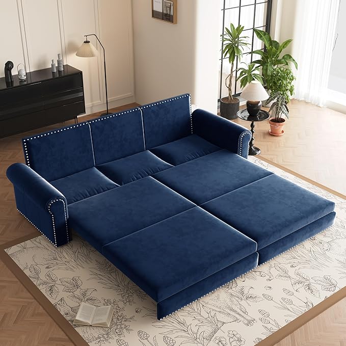 93.7 Chesterfield 3 Seater Pull Out Sofa Bed King Size with Pillows Velvet 3-in-1 Convertible Sleeper Couch with Nails Trim Space Saving for Living Room Blue
