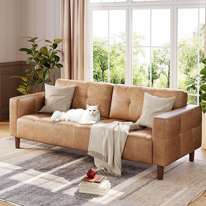 IDEALHOUSE 3-Seater Sofa Couch 83 Wide Faux Leather Sofa Couch with Spring Cushion Modern Sofa with Deep Seats and 2 Removable Back Cushions