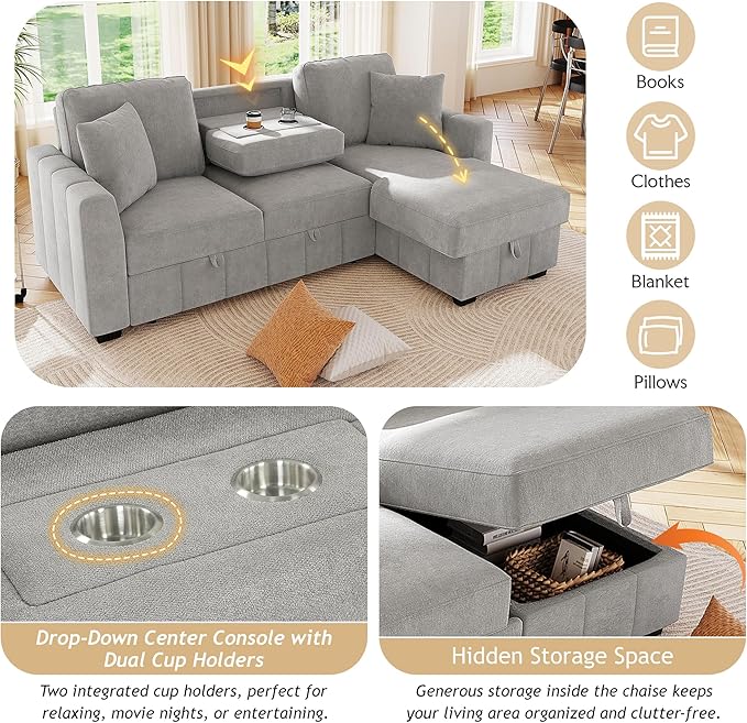 90 L-Shaped Sectional Sleeper Sofa with Reversible Storage Chaise Warp Knitted Fabric Upholstered Convertible Modular Couch with Acacia Wood Frame Drop-Down Center Back Cup Holders (Grey-12.30)