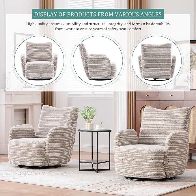 Modern Boucle Upholstered Accent Swivel Barrel ChairLeisure Club Lounge Chair with Sand-Rimmed Fabric and Metal Bracket for Living Room Bedroom Home Office (Khaki Boucle)