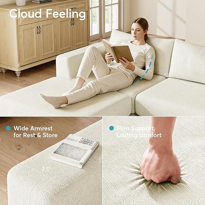 Cloud Boneless Modular Sectional Sofa 95.5 Modern Chenille Couch for Living Room Convertible Sleeper Sofa Bed Ergonomic Seating Cloud Couch Sectional No Assembly Required Beige