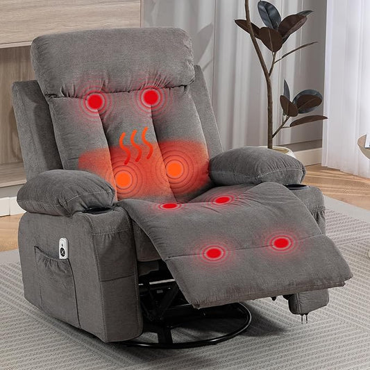 Rocker Recliner Glider Recliner Chairs for Adults 360° Swivel Recliner Chair w/Massage and Heating Nursery Chair with Rocking Function Side Pocket Cup Holders for Living Room Bedroom Grey