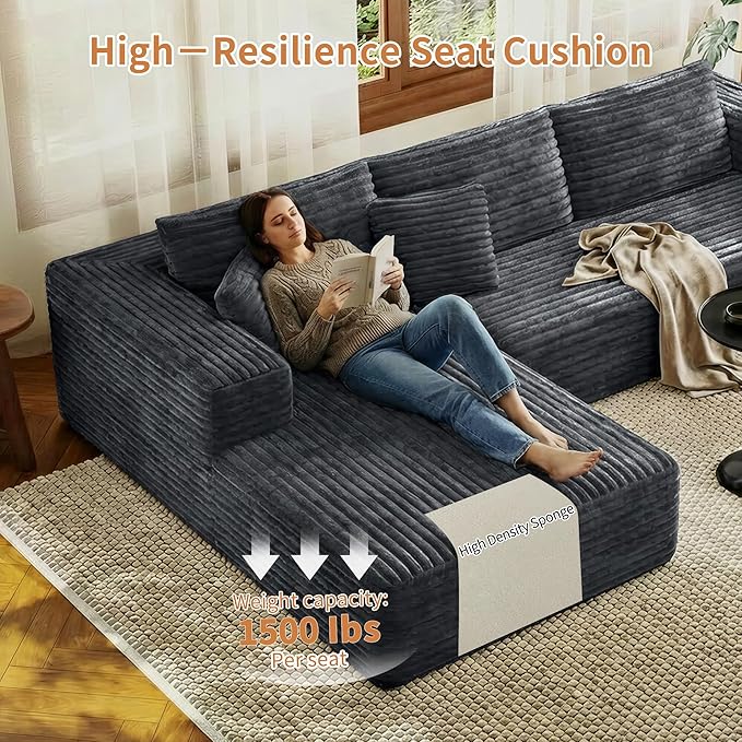 107 Modular Sectional Couches for Living Room Comfy L-Shaped Boneless Cloud Couch with Chaise Modern Deep Seat Corduroy Floor Sofa No Assembly Required (Left Facing Chaise Grey) | High-density sp