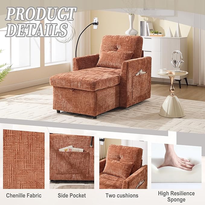 32 Comfy Chaise Lounge Sofa Bed Chair with Storage Side Pockets Phone Holder &amp 2 Pillows Modern Chenille Upholstered Sleeper Sofa Leisure Chair for Living Room Bedroom Small Spaces (Orange)