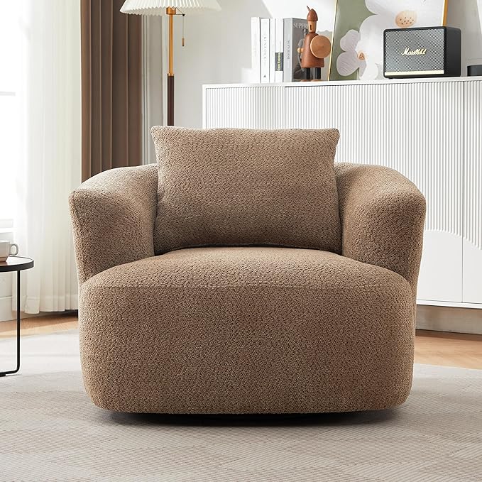360° Swivel Chair 38.2 Accent Chair Sofa Upholstered Swivel Barrel Sofa Chair with a Throw Pillow for Living Room Bedroom Office and Hotel Dark Brown