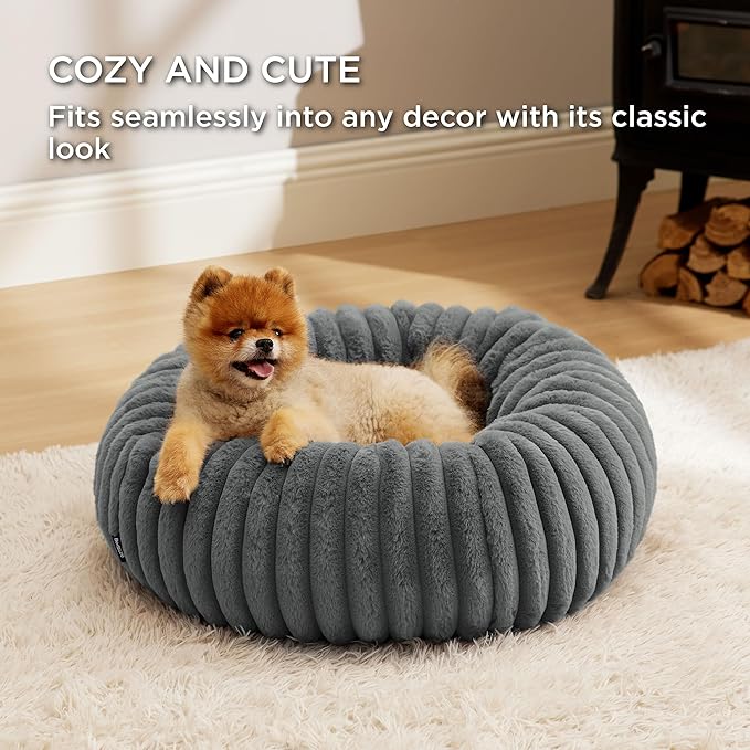 Bedsure ComfyFleece™ Donut Small Dog Bed - Dog Beds for Small Dogs with Corduroy Fleece &amp Anti Slip Bottom Round Faux Fur Pet Beds with Washable Removable Cover Warm Grey 23x23x7 inches
