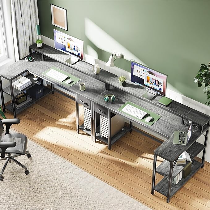 SUPERJARE 53 inch Reversible L Shaped Desk with LED Lights &amp Power Outlets Computer Desk with Shelves &amp Monitor Stand Gaming Desk with Drawer Home Office Desk Corner Desk Grey
