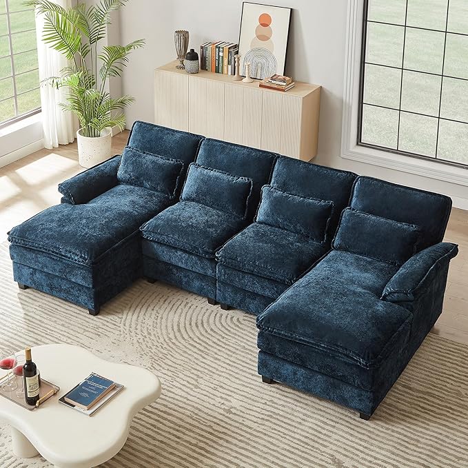 113 U Shaped Sectional Sofa Comfy Cloud Couch Chenille Sofa Sleeper Deep Seat Sofa with 4 Throw Pillows 4-Seater Double-Layer Modern Sofa for Living Room Dark Blue
